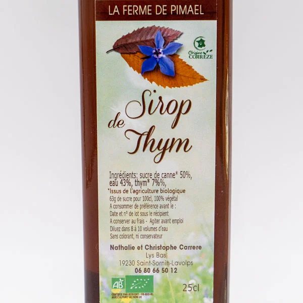 Sirop de thym issu de l'agriculture biologique produit par la Ferme de Pimael