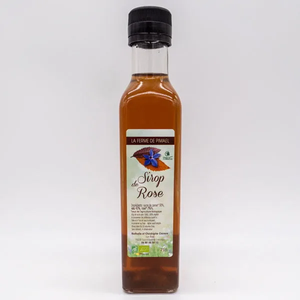 Sirop de rose issu de l'agriculture biologique produit par la Ferme de Pimael