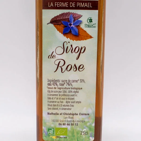 Sirop de rose issu de l'agriculture biologique produit par la Ferme de Pimael