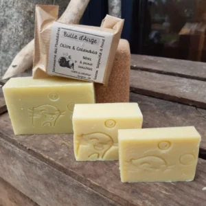 avon bébé calendula Bulle d'Ange Olive et Calendula Savonnerie des Monédières, emballage kraft naturel, peaux sensibles bébés surgras 6% saponifié à froid