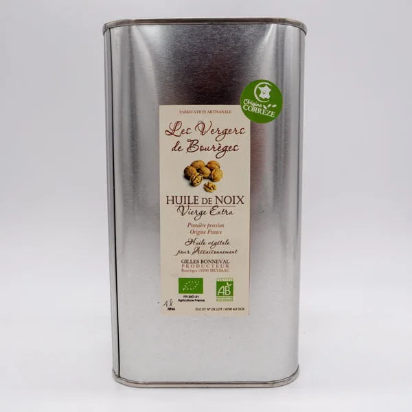 Huile de noix bio artisanal 1Litre produite par Les Vergers de Bourèges en Corrèze à Meyssac