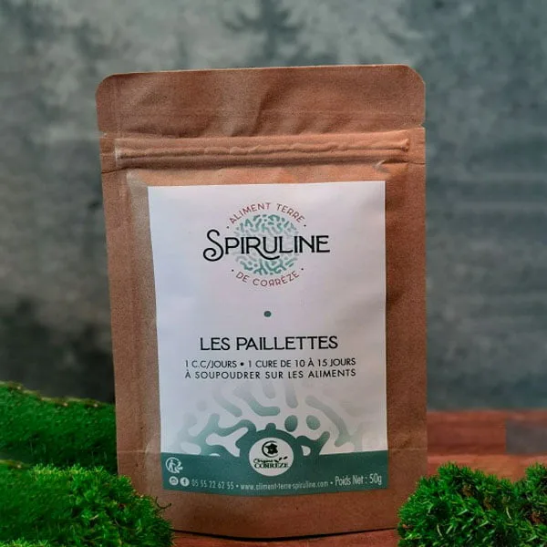 Paillettes de Spiruline en Sachet produit par Aliment Terre Spiruline à Chabrignac en Corrèze