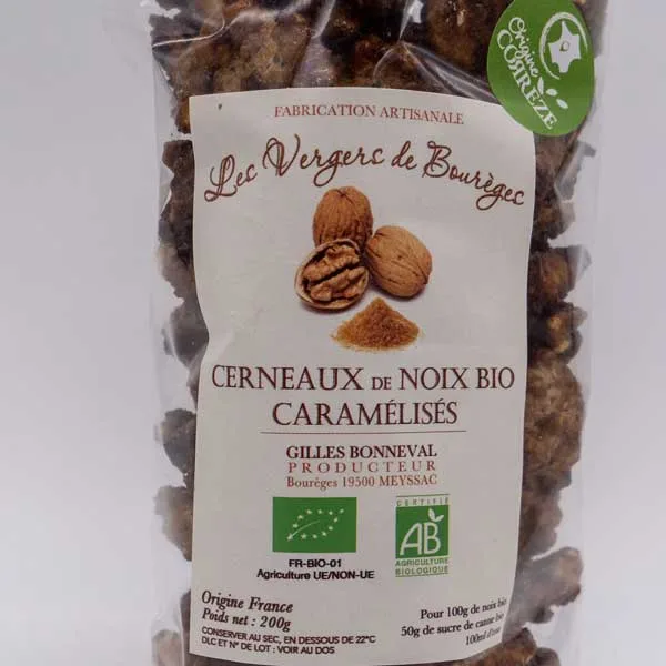 Cerneaux de noix bio caramélisés artisanal produit par Les Vergers de Bourèges en Corrèze à Meyssac