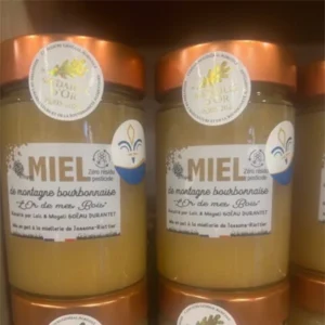 Pots de miel de montagne bourbonnaise L'Or de mes Bois – Médaille d'Or Paris – Zéro résidu pesticide – Récolté par Loïc & Magali Goëau Durantet, miellerie de Jassans-Riottier