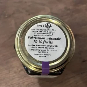 Pot confiture myrtille framboise artisanale couvercle doré – Myrtilles du Trimoulet 70% fruits, étiquette Creuse 200g