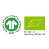 L'image affiche deux labels de certification. Sur la gauche, le logo de "Global Organic Textile Standard - GOTS" est représenté par un symbole de t-shirt blanc dans un cercle vert avec les mots "Global Organic Textile Standard" autour du cercle. Sur la droite, le logo européen de l'agriculture biologique montre une feuille constituée d'étoiles blanches sur un fond vert, avec les inscriptions "FR-BIO-01" et "Agriculture UE/non UE" en dessous, indiquant la conformité aux normes biologiques de l'Union européenne et hors Union européenne.