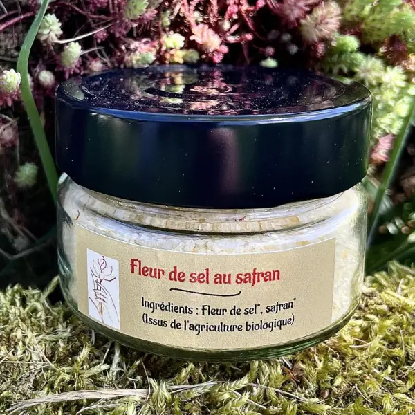 Pot de fleur de sel de Guérande au safran bio de Corrèze, épice artisanale française en pot de 80 g, ingrédients naturels issus de l’agriculture biologique.