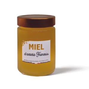 Pot de miel d'acacia français 450g couleur dorée translucide – Récolté et conditionné par Au Jardin de Magali
